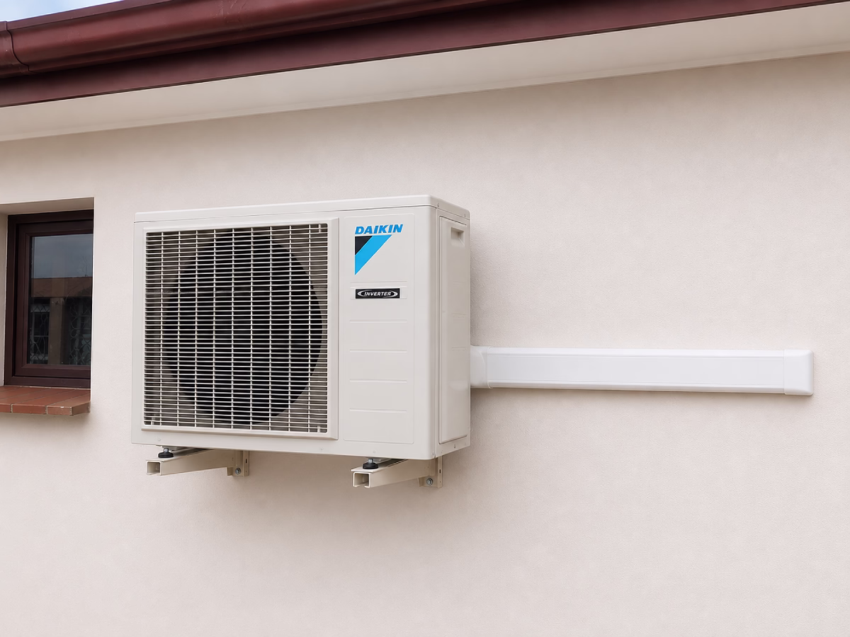 New Daikin inverter outdoor unit on clean brackets with a straight pipe run