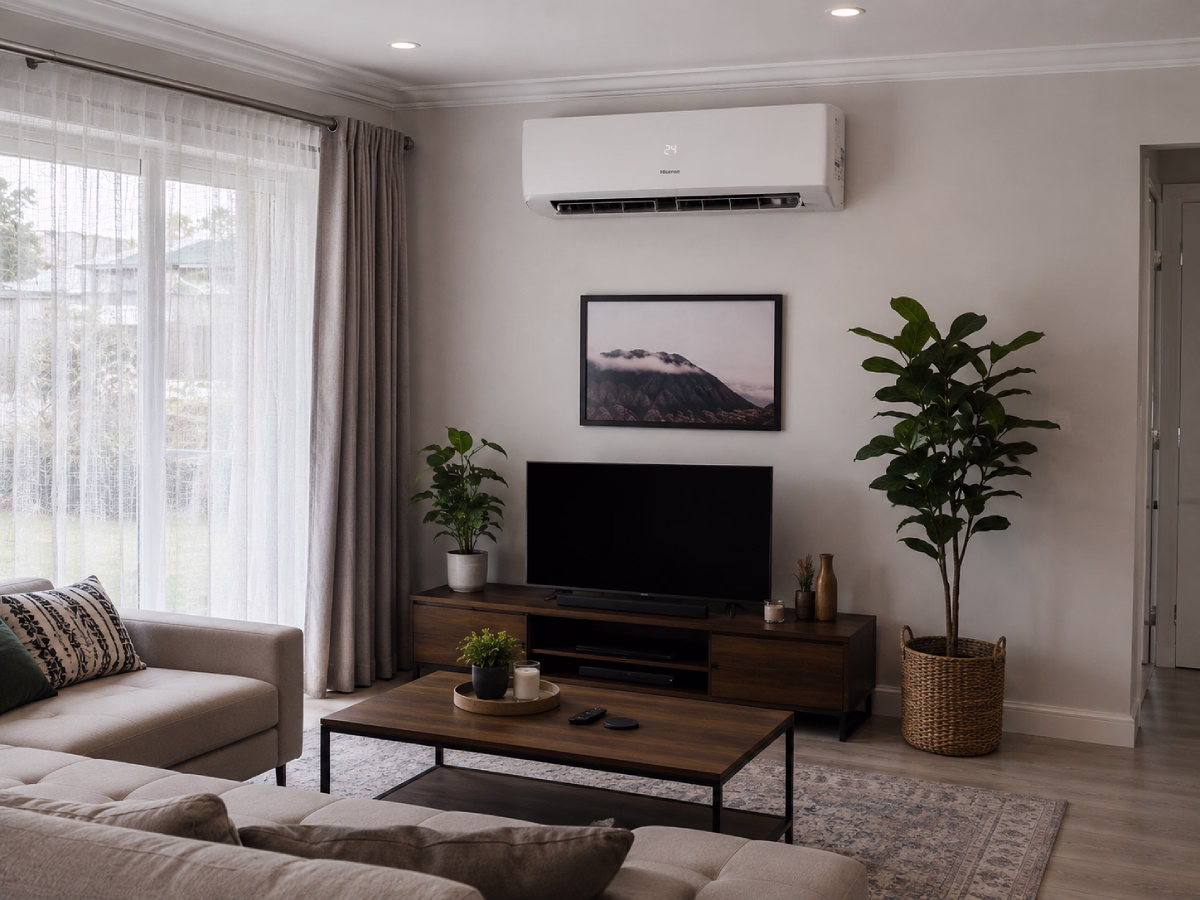 Wall-mounted inverter unit above a TV in a modern living room