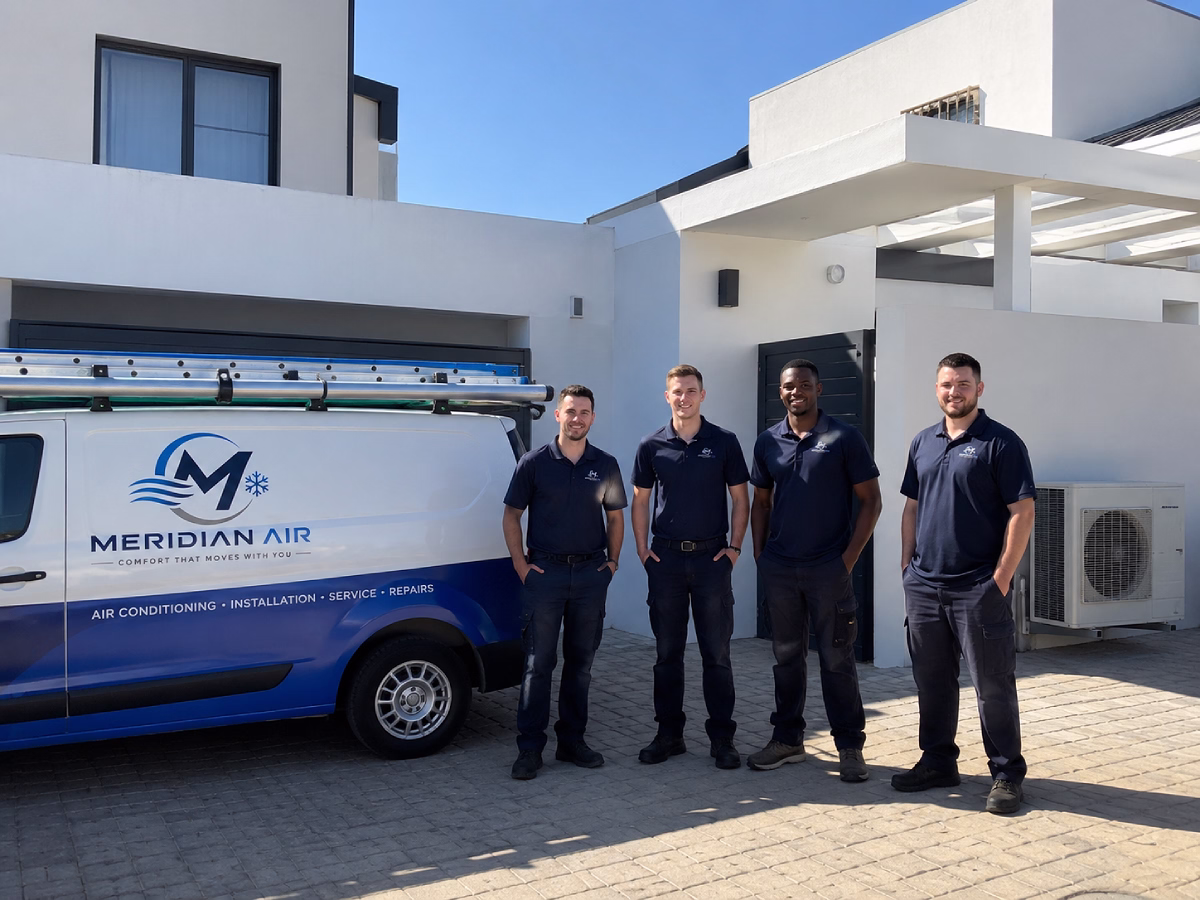 The Meridian Air team standing beside their branded van at a completed job